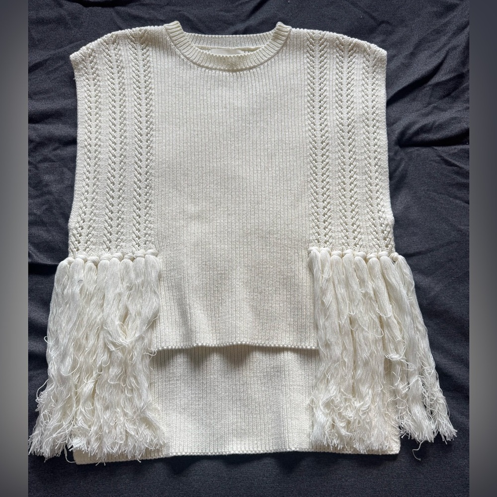 By Anthropologie Ivory Fringe-Trim Crewneck Sleeveless Sweater Size One Size L - Picture 5 of 8